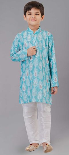 Blue color Boys Kurta Pyjama in Polyester Silk fabric with Digital Print, Sequence, Thread work