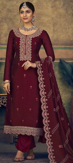 Red and Maroon color Salwar Kameez in Silk fabric with Resham, Sequence, Thread, Zari work