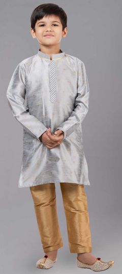 Black and Grey color Boys Kurta Pyjama in Dupion Silk fabric with Embroidered, Resham, Thread work