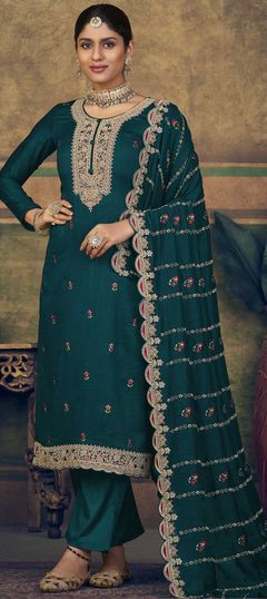 Blue color Salwar Kameez in Silk fabric with Resham, Sequence, Thread, Zari work