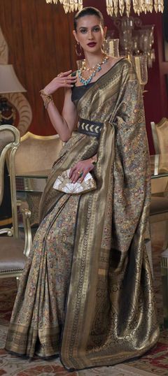 Black and Grey color Saree in Jacquard, Silk fabric with Printed, Weaving work