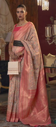 Pink and Majenta color Saree in Jacquard, Silk fabric with Printed, Weaving work