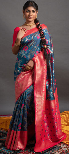 Blue color Saree in Banarasi Silk, Blended fabric with Printed, Weaving work