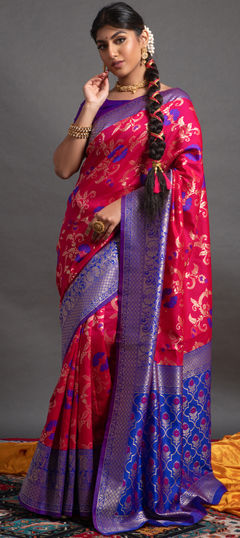 Pink and Majenta color Saree in Banarasi Silk, Blended fabric with Printed, Weaving work