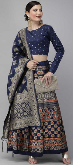 Blue, Orange color Lehenga in Banarasi Silk, Jacquard fabric with Weaving work