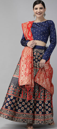 Blue, Red and Maroon color Lehenga in Banarasi Silk, Jacquard fabric with Weaving work