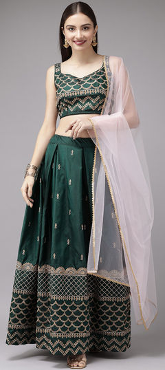 Green color Lehenga in Taffeta Silk fabric with Embroidered, Gota Patti work