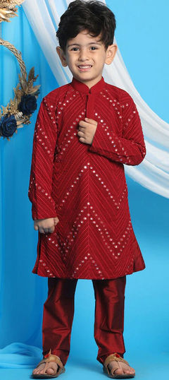 Red and Maroon color Boys Kurta Pyjama in Georgette fabric with Embroidered, Resham, Thread work