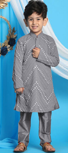 Black and Grey color Boys Kurta Pyjama in Georgette fabric with Embroidered, Resham, Thread work