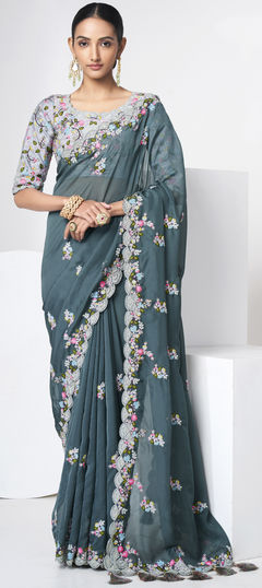 Green color Saree in Organza Silk, Silk fabric with Thread, Zari work