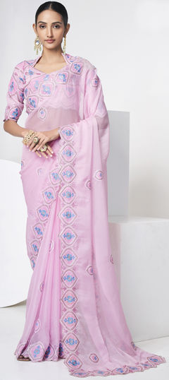 Pink and Majenta color Saree in Organza Silk, Silk fabric with Sequence, Thread work