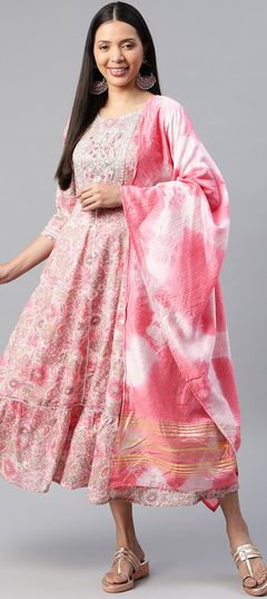 Festive, Party Wear Pink and Majenta color Kurti in Cotton fabric with Anarkali, Long Sleeve Embroidered, Gota Patti, Sequence, Thread, Zari work : 1860300