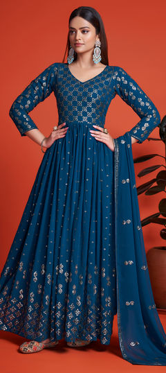 Festive, Reception Blue color Gown in Georgette fabric with Embroidered, Sequence, Thread work : 1860308