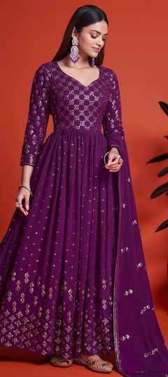 Festive, Reception Purple and Violet color Gown in Georgette fabric with Embroidered, Sequence, Thread work : 1860311