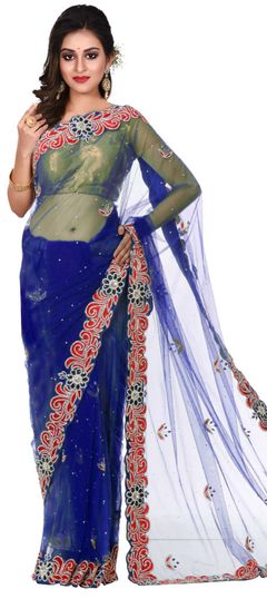 Blue color Saree in Net fabric with Stone work