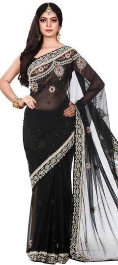 Black and Grey color Saree in Georgette fabric with Stone work