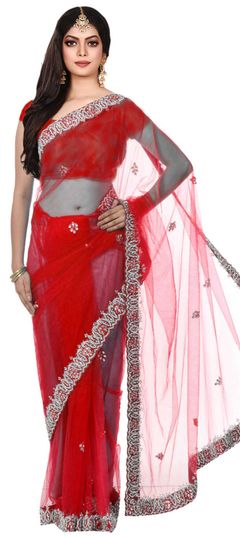 Red and Maroon color Saree in Net fabric with Stone work