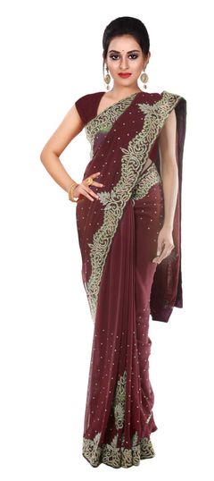 Beige and Brown color Saree in Georgette fabric with Stone work