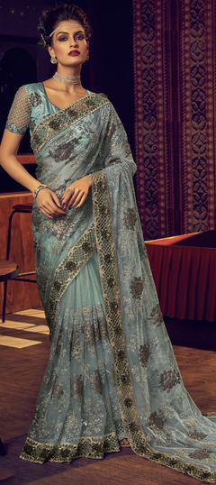 Reception Blue color Saree in Net fabric with Classic Fancy Work work : 1860625