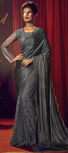 Reception Black and Grey color Saree in Net fabric with Classic Fancy Work work : 1860626