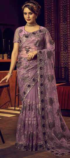 Purple and Violet color Saree in Net fabric with Fancy Work work