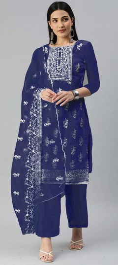 Blue color Salwar Kameez in Organza Silk fabric with Embroidered work