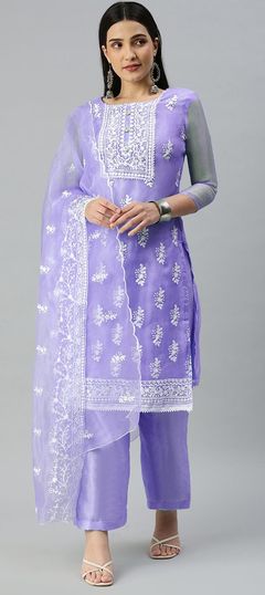 Purple and Violet color Salwar Kameez in Organza Silk fabric with Embroidered work