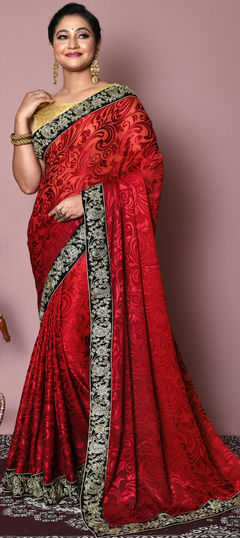 Red and Maroon color Saree in Brasso fabric with Border, Zari work