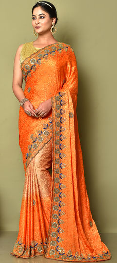 Orange color Saree in Brasso fabric with Moti, Stone, Weaving work