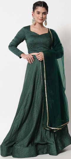 Green color Lehenga in Cotton fabric with Fancy Work, Sequence work