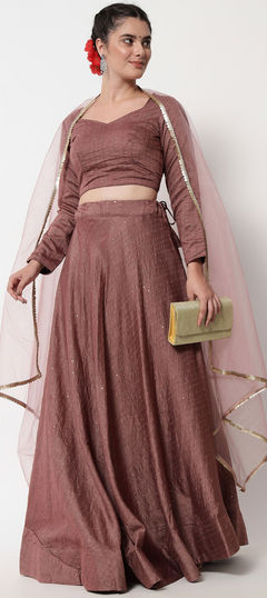 Beige and Brown color Lehenga in Cotton fabric with Fancy Work, Sequence work