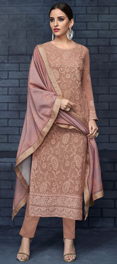 Bollywood Beige and Brown color Salwar Kameez in Georgette fabric with Straight Embroidered, Stone, Thread, Zari work : 1860835