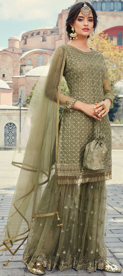 Bollywood Green color Salwar Kameez in Net fabric with Sharara, Straight Embroidered, Stone, Thread, Zari work : 1860837