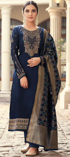 Blue color Salwar Kameez in Georgette fabric with Embroidered, Thread work