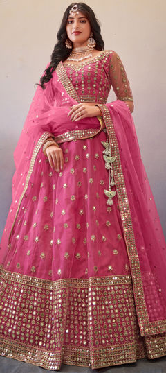 Pink and Majenta color Lehenga in Net fabric with Embroidered, Sequence work