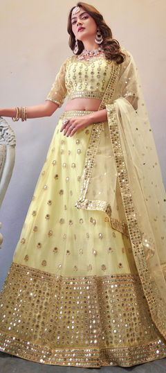 Yellow color Lehenga in Net fabric with Embroidered, Sequence work