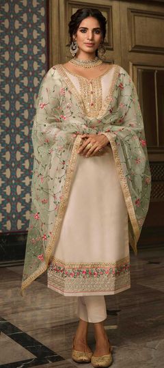 Bollywood Beige and Brown color Salwar Kameez in Tussar Silk fabric with Straight Embroidered, Stone, Thread, Zari work : 1860951