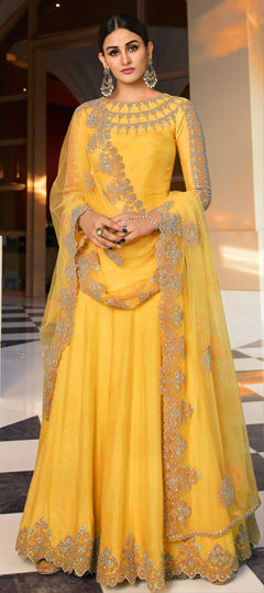 Bollywood Yellow color Salwar Kameez in Art Silk fabric with Anarkali Embroidered, Stone, Thread, Zari work : 1860958