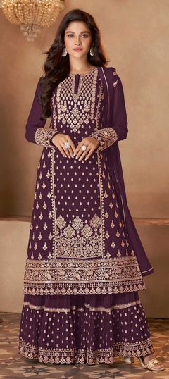 Purple and Violet color Salwar Kameez in Georgette fabric with Embroidered, Sequence, Thread work