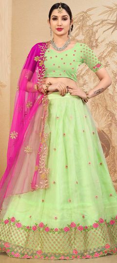 Engagement, Reception Green color Lehenga in Organza Silk fabric with A Line Embroidered work : 1861021