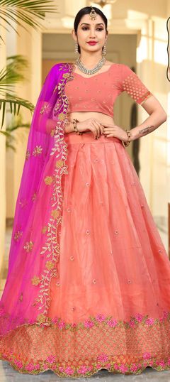 Engagement, Reception Pink and Majenta color Lehenga in Organza Silk fabric with A Line Embroidered work : 1861023