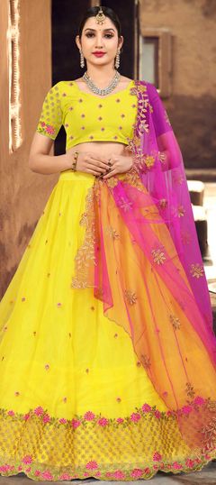 Engagement, Reception Yellow color Lehenga in Organza Silk fabric with A Line Embroidered work : 1861026