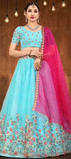 Engagement, Reception Blue color Lehenga in Organza Silk fabric with A Line Embroidered work : 1861028