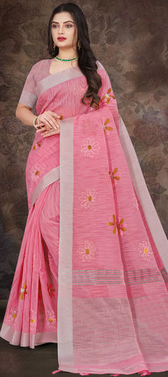 Pink and Majenta color Saree in Linen fabric with Weaving work