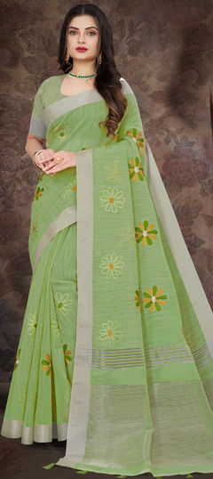 Green color Saree in Linen fabric with Weaving work