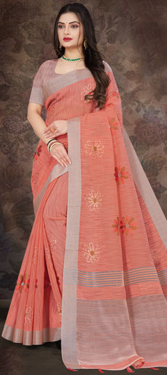 Pink and Majenta color Saree in Linen fabric with Weaving work