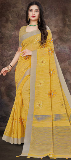 Yellow color Saree in Linen fabric with Weaving work