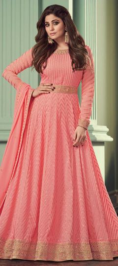 Pink and Majenta color Salwar Kameez in Georgette fabric with Embroidered, Sequence, Thread work
