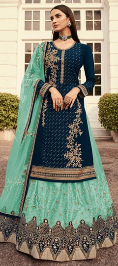 Bollywood Green color Long Lehenga Choli in Georgette fabric with Embroidered, Sequence, Thread work : 1861092