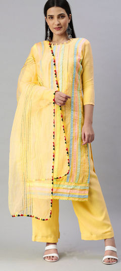 Yellow color Salwar Kameez in Cotton fabric with Embroidered, Thread work